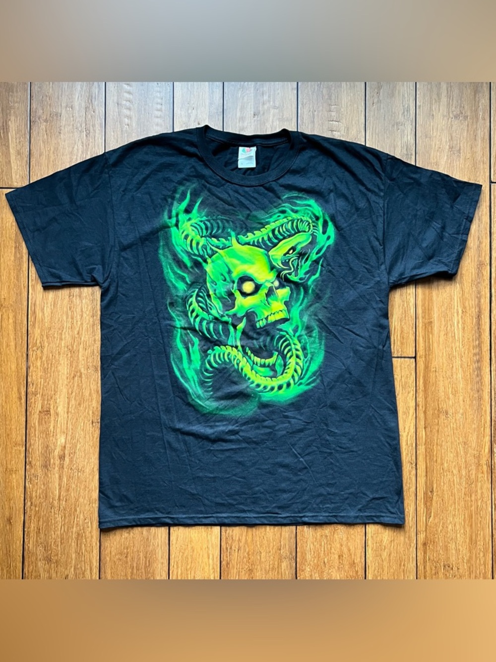 Fruit of the Loom Black Tee with Neon Green Skull & Snake Graphic